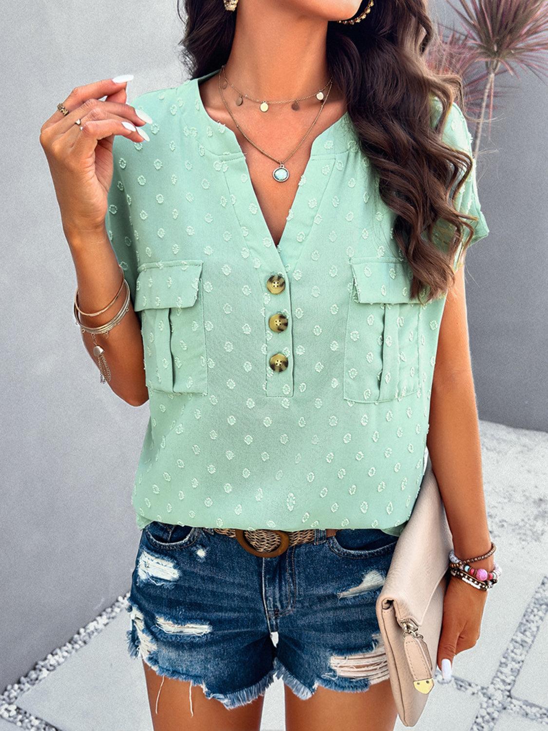 Swiss Dot Short Sleeve Blouse in 5 Colors - Olive Ave