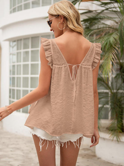 Tie Back V-Neck Ruffled Blouse - Olive Ave