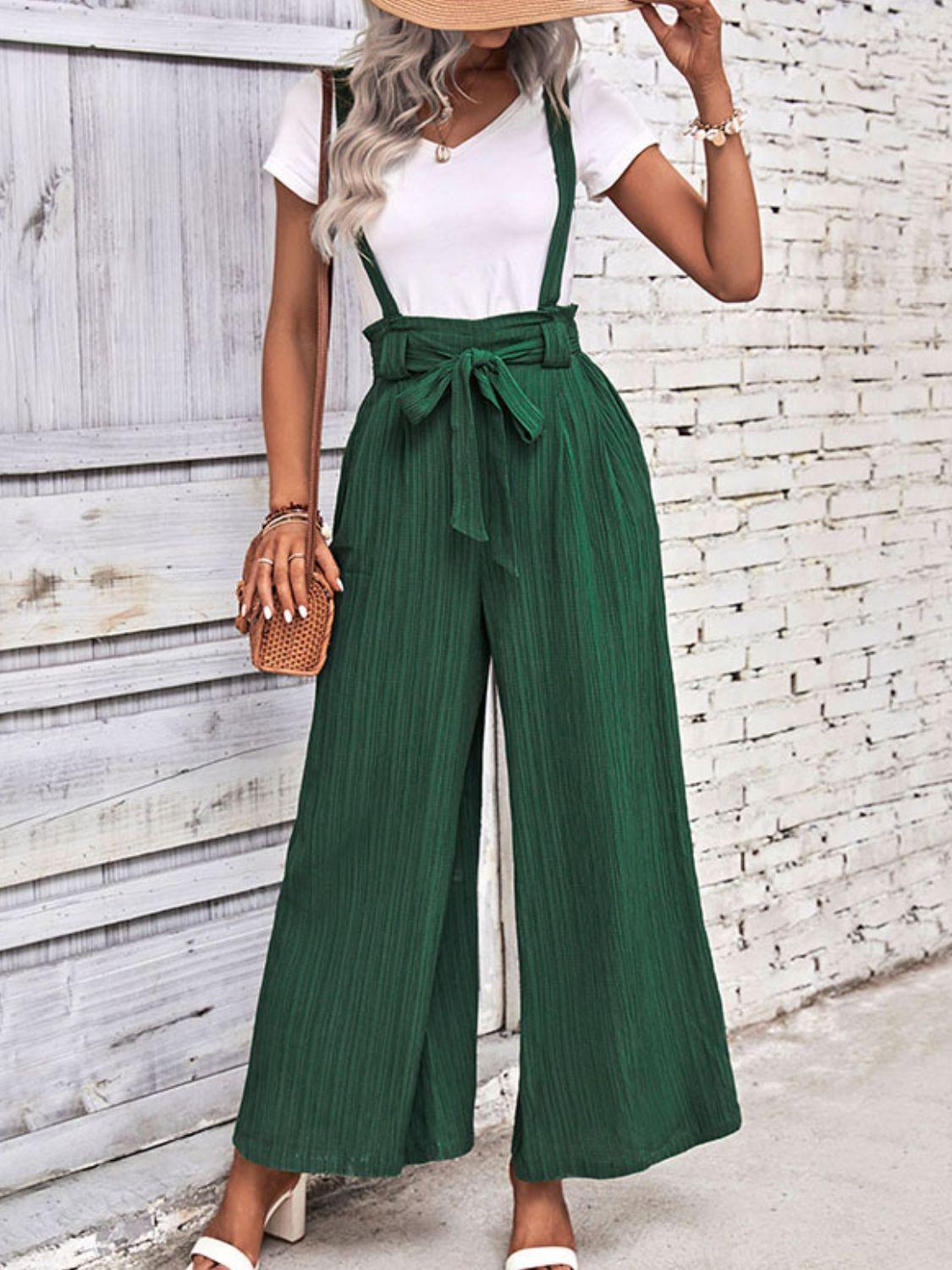 Tie Belt Wide Leg Overalls - Olive Ave