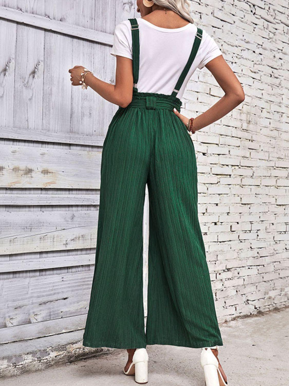 Tie Belt Wide Leg Overalls - Olive Ave