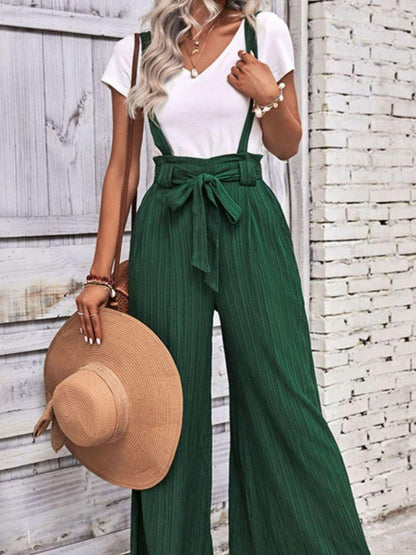 Tie Belt Wide Leg Overalls - Olive Ave