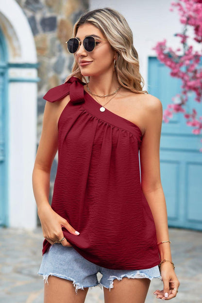 Tied One-Shoulder Blouse - Olive Ave