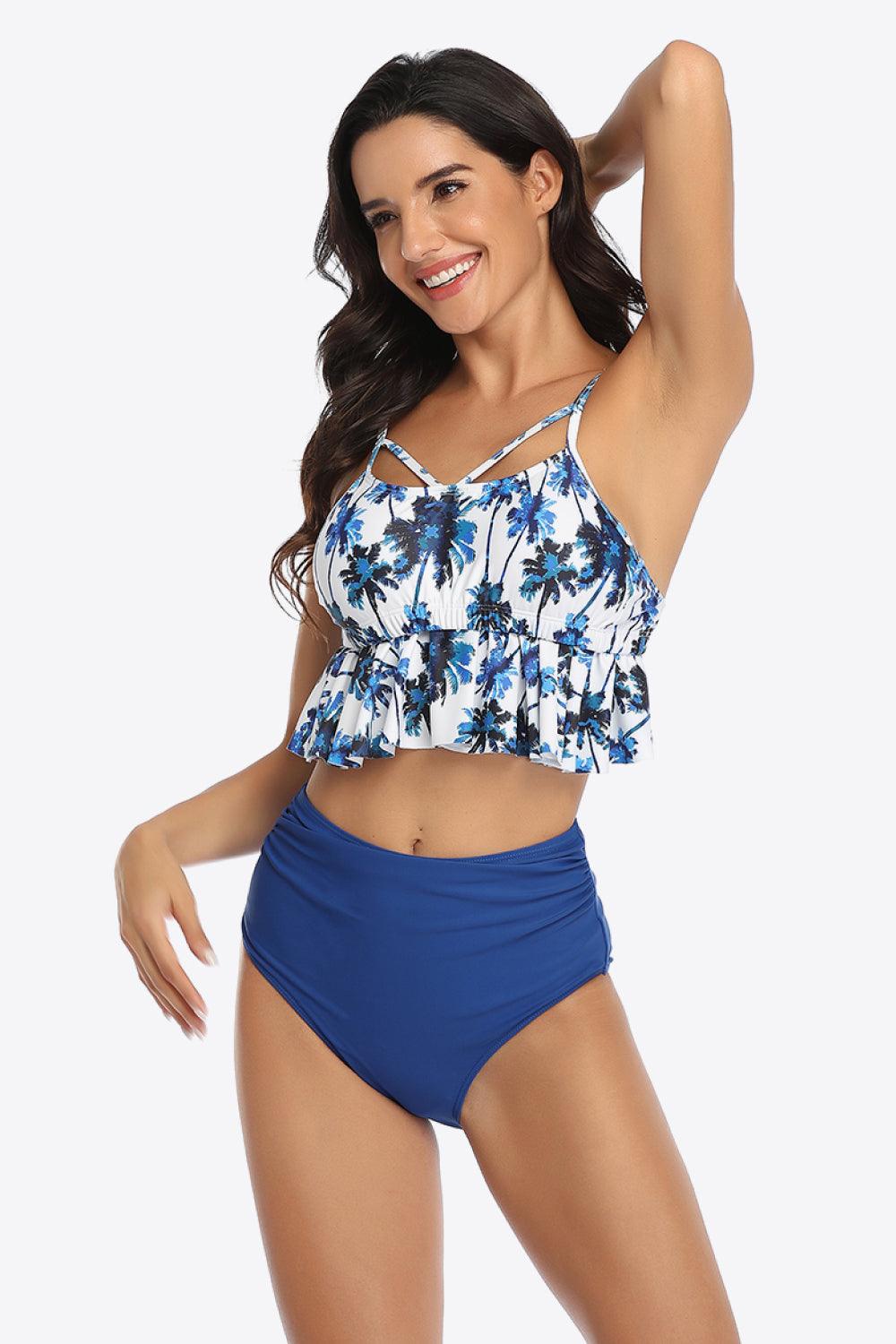 Tropical Crisscross Ruffled Two-Piece Swimsuit - Olive Ave