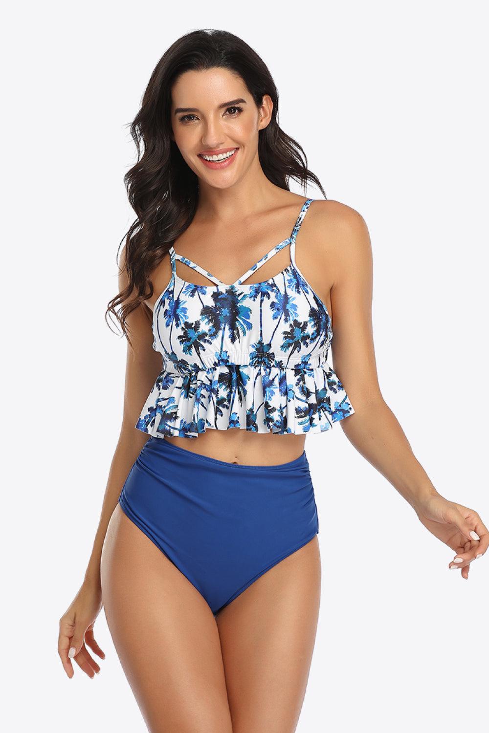 Tropical Crisscross Ruffled Two-Piece Swimsuit - Olive Ave