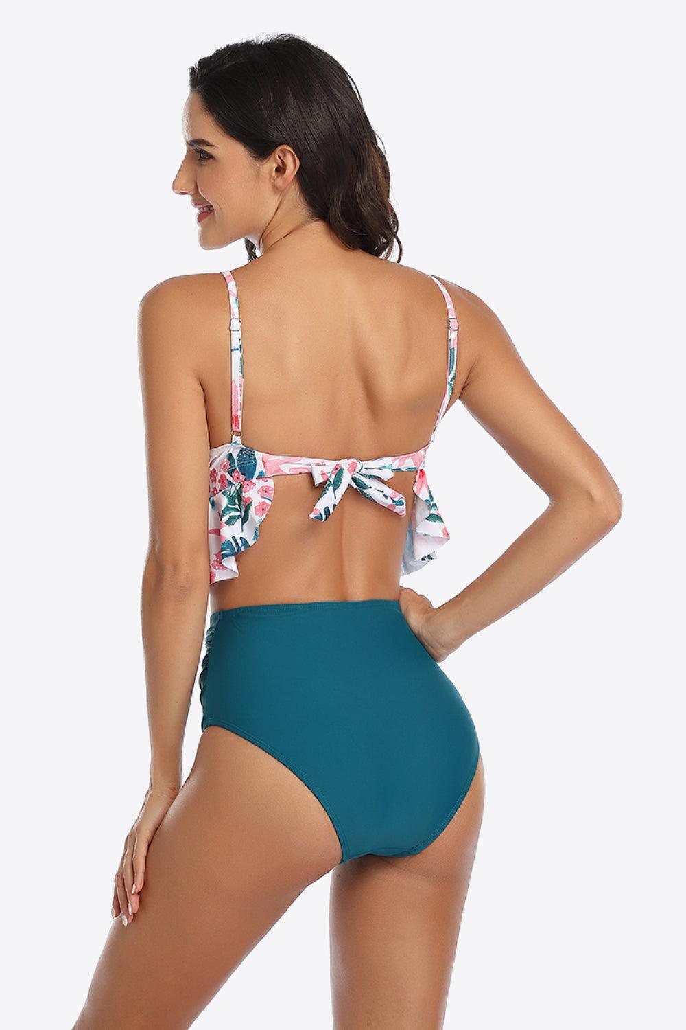 Tropical Crisscross Ruffled Two-Piece Swimsuit - Olive Ave