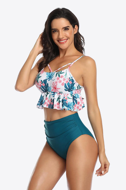 Tropical Crisscross Ruffled Two-Piece Swimsuit - Olive Ave