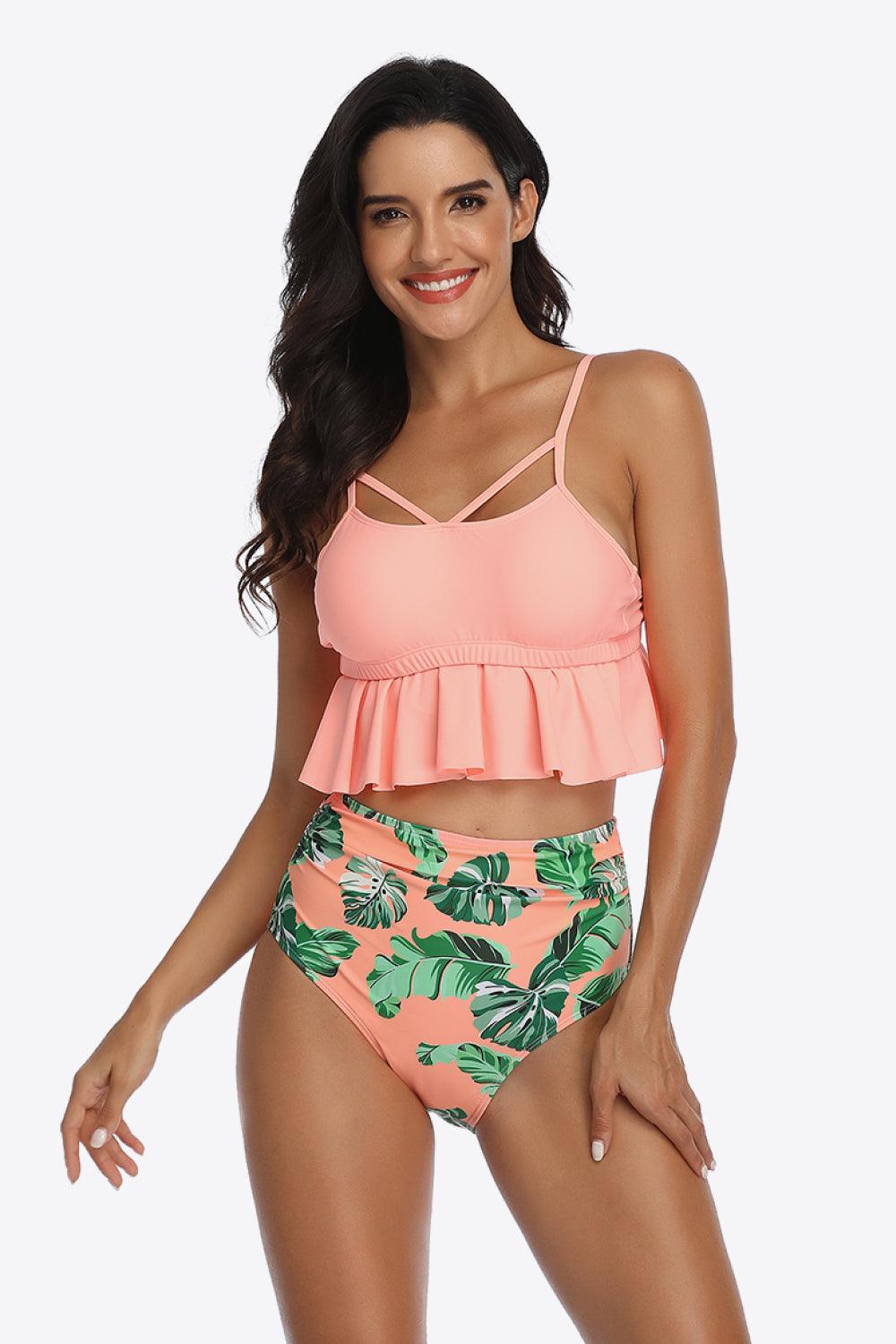 Tropical Crisscross Ruffled Two-Piece Swimsuit - Olive Ave