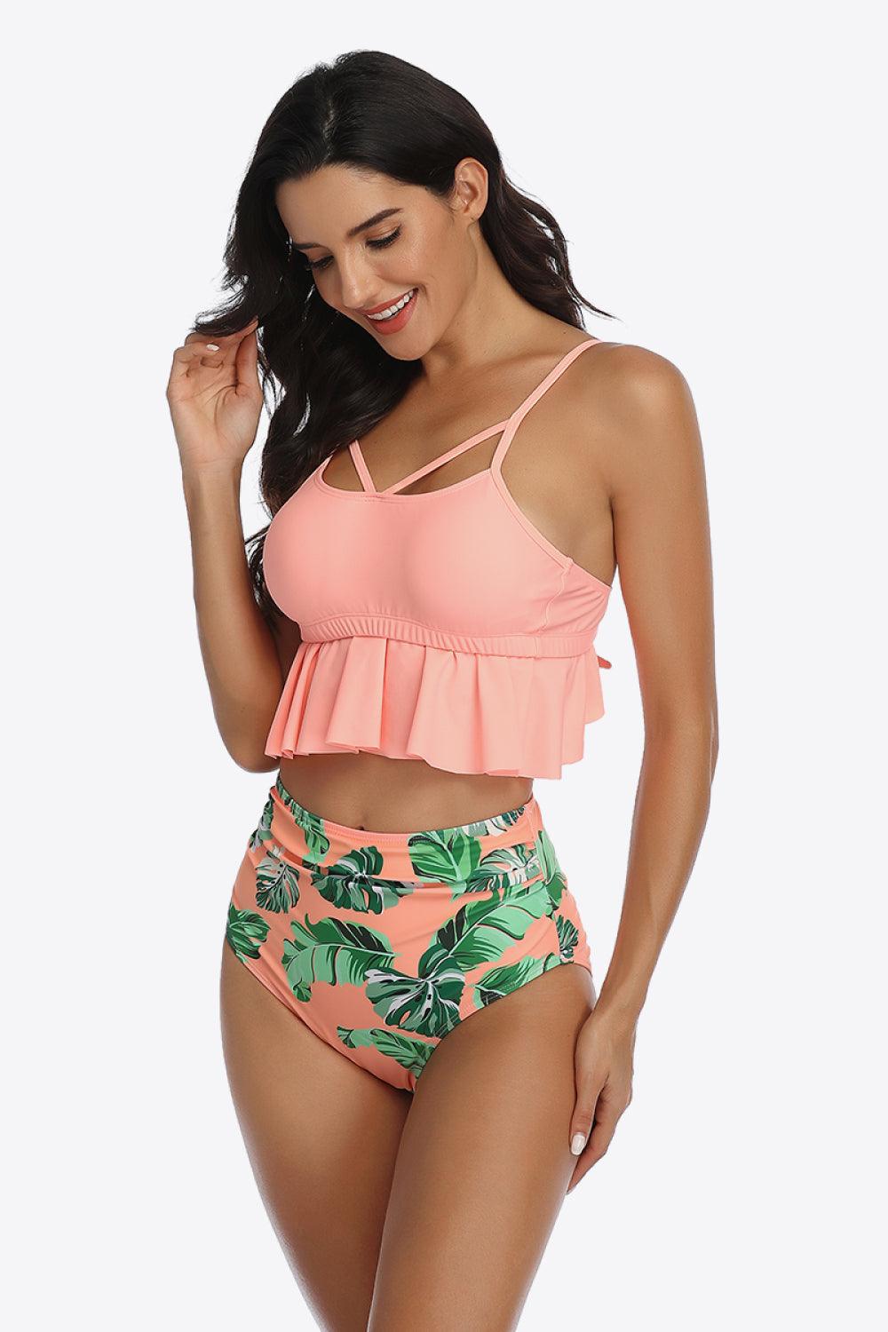 Tropical Crisscross Ruffled Two-Piece Swimsuit - Olive Ave