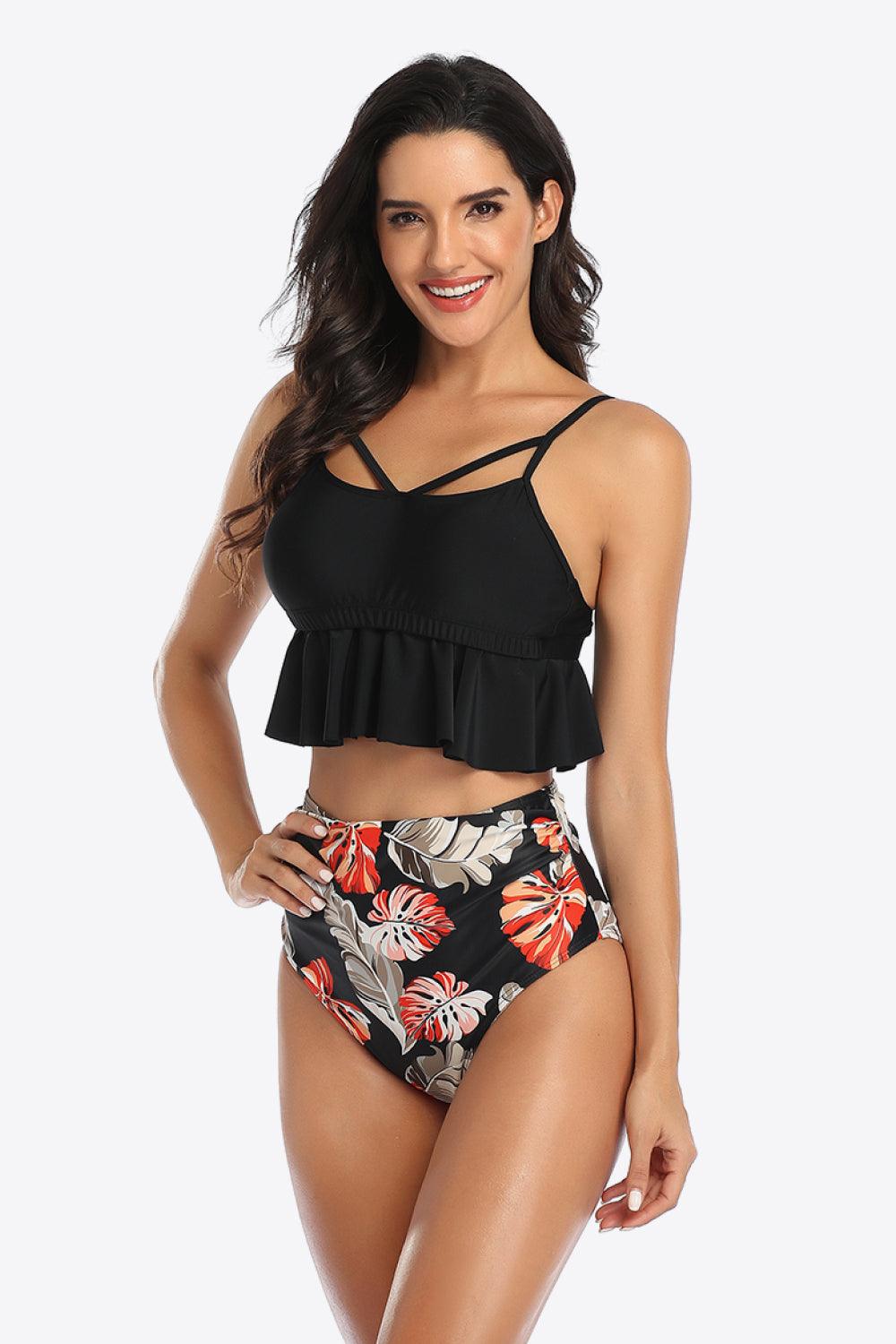 Tropical Crisscross Ruffled Two-Piece Swimsuit - Olive Ave