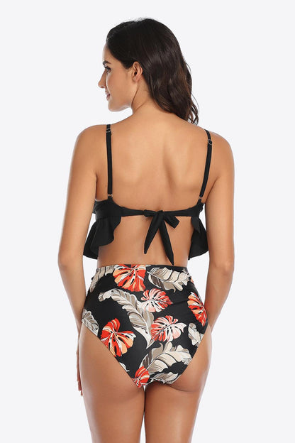 Tropical Crisscross Ruffled Two-Piece Swimsuit - Olive Ave