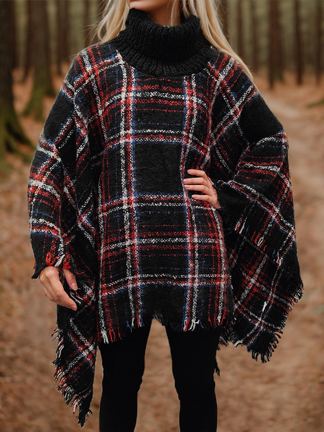 Turtleneck Plaid Raw Hem Sweater Poncho - Olive Ave