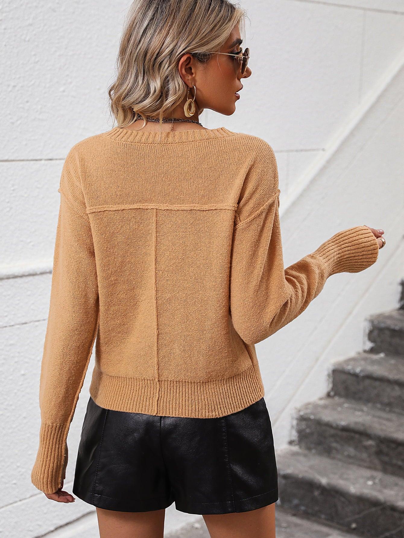 V-Neck Long Sleeve Knit Top - Olive Ave