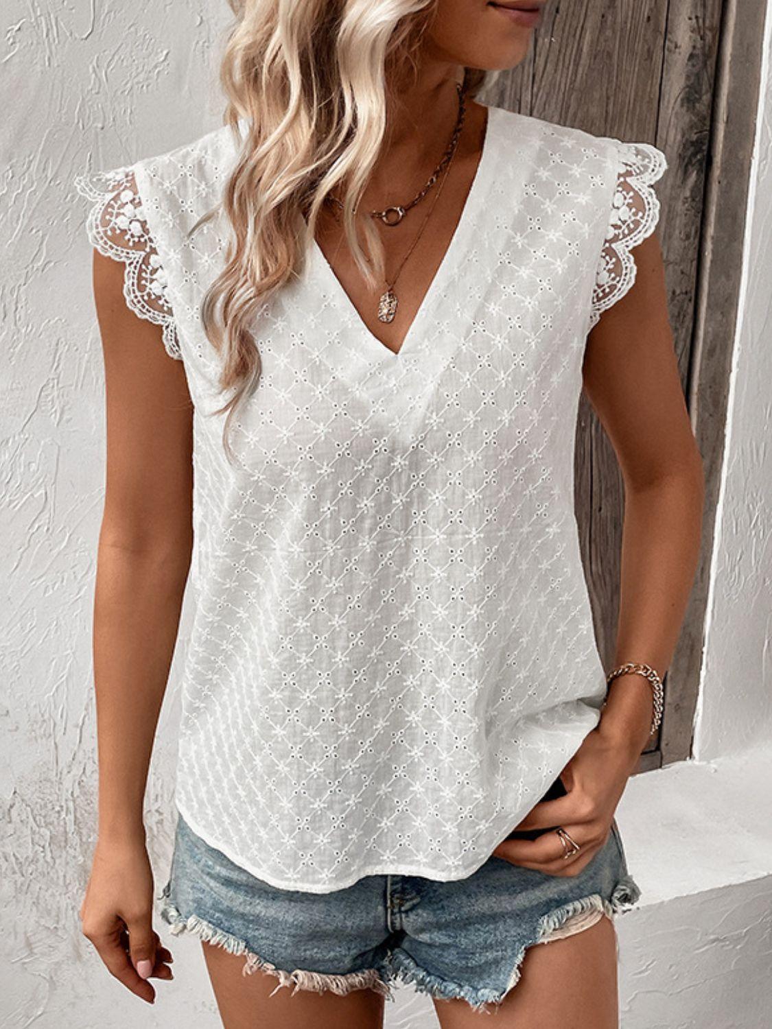 V-Neck Spliced Lace Top - Olive Ave