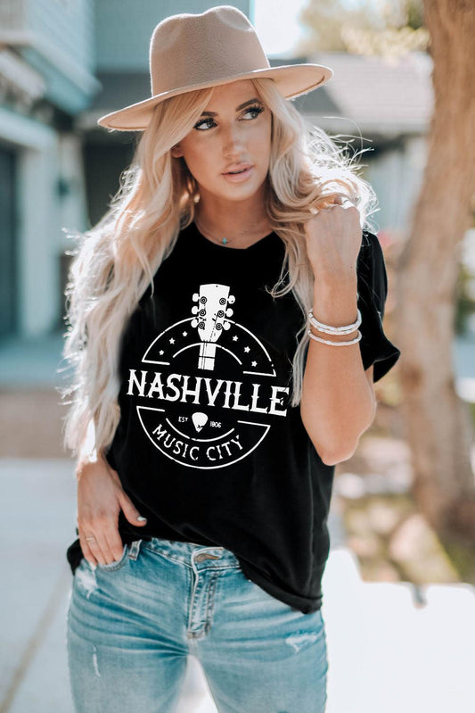 Western NASHVILLE MUSIC CITY Cuffed Graphic Tee - Olive Ave