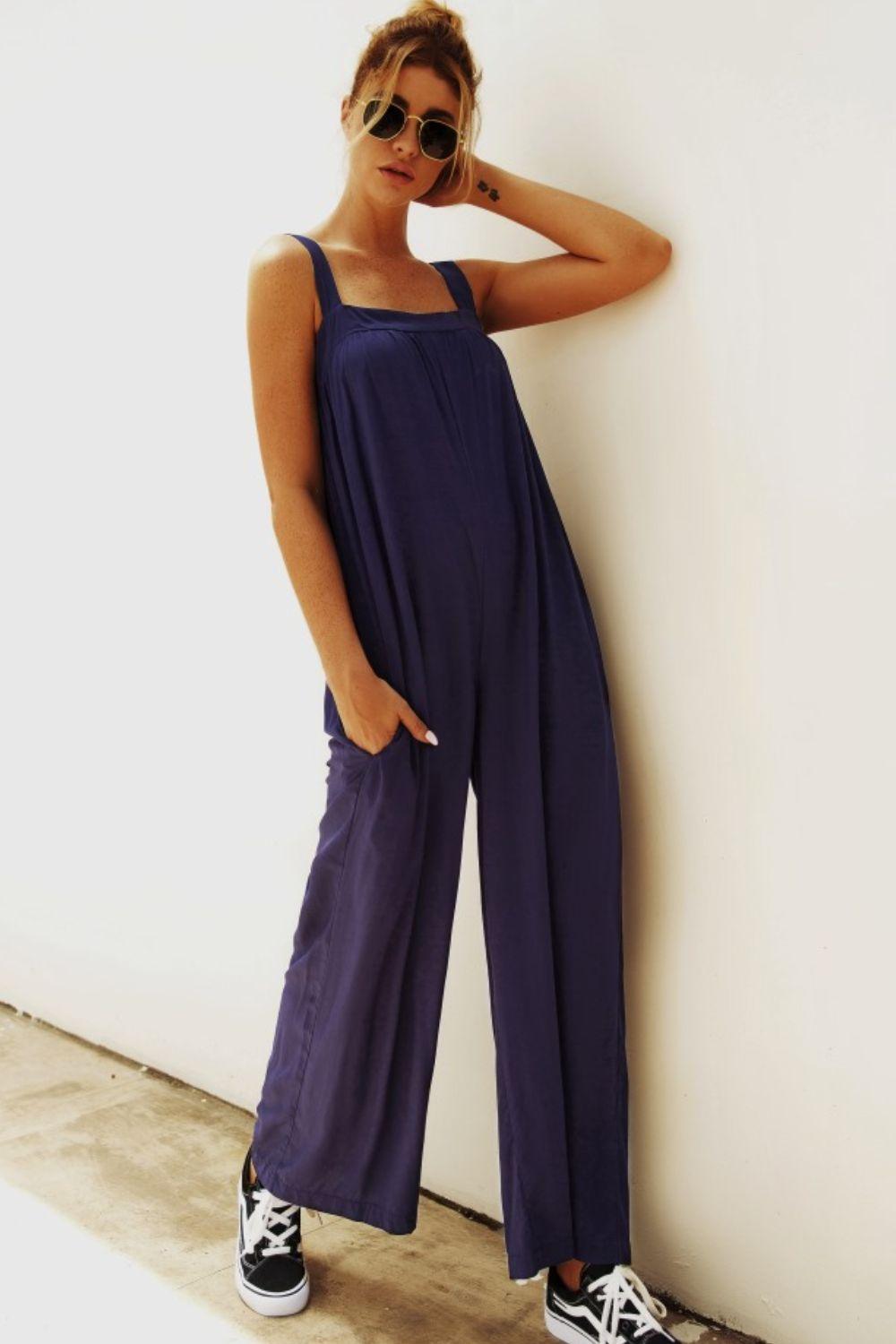 Wide Strap Wide Leg Jumpsuit - Olive Ave