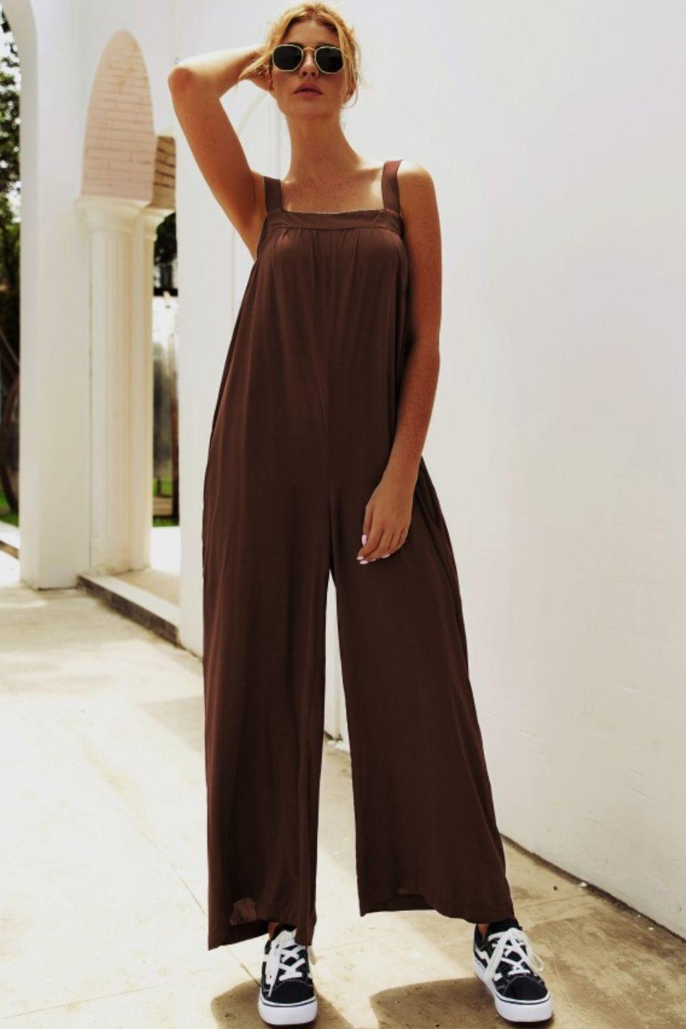 Wide Strap Wide Leg Jumpsuit - Olive Ave