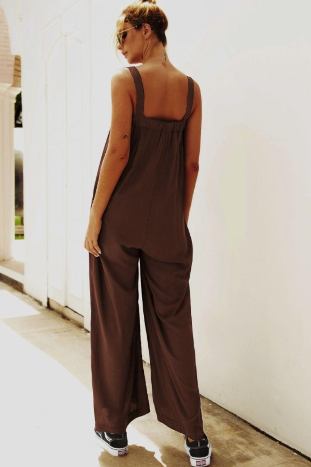 Wide Strap Wide Leg Jumpsuit - Olive Ave