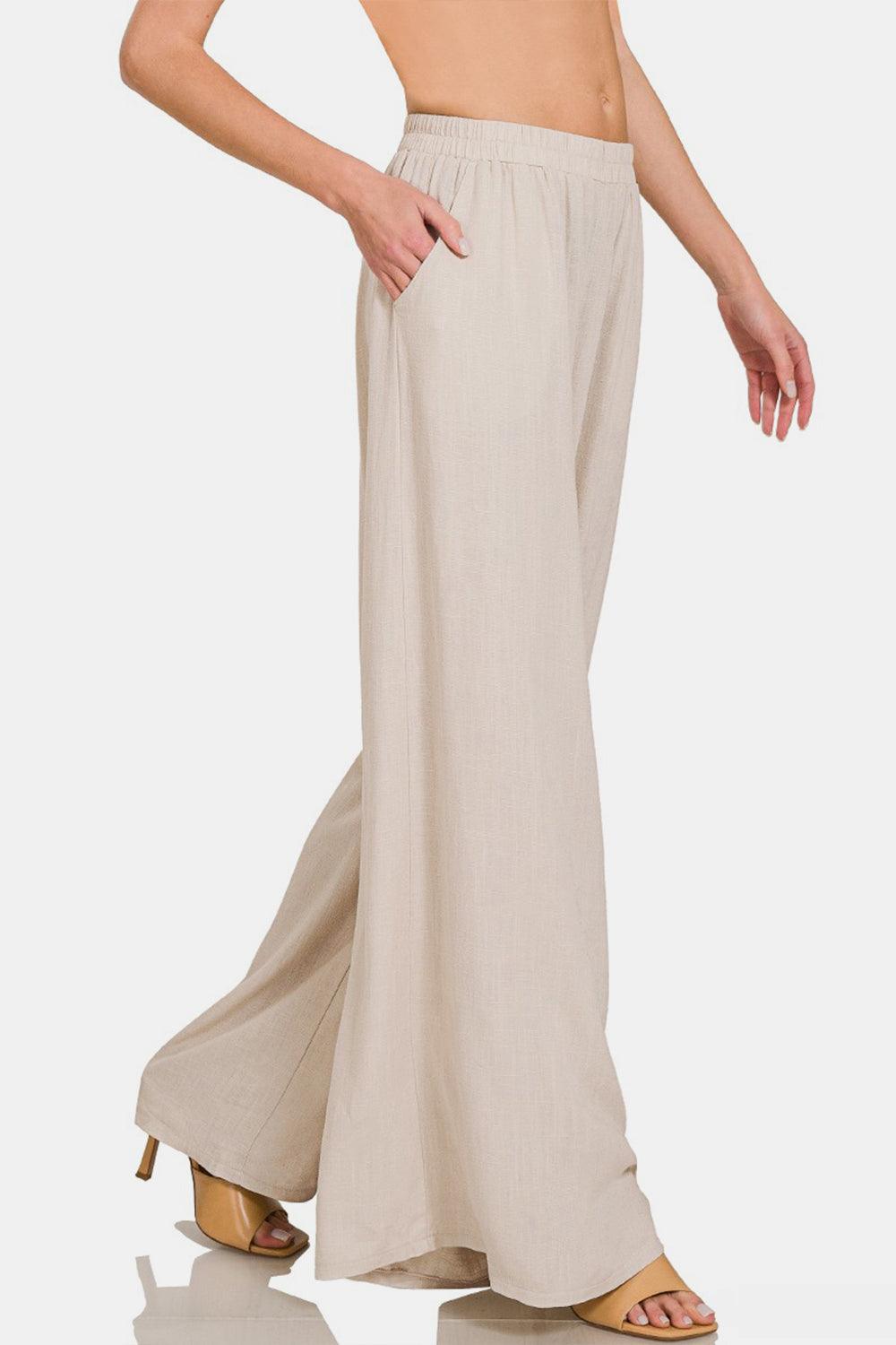 Zenana Pleated Linen Blend Wide Leg Pants - Olive Ave