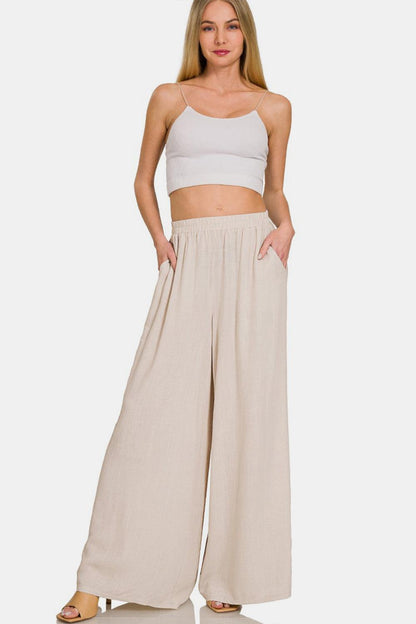 Zenana Pleated Linen Blend Wide Leg Pants - Olive Ave