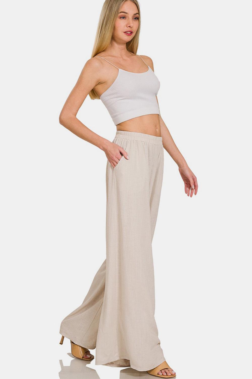 Zenana Pleated Linen Blend Wide Leg Pants - Olive Ave