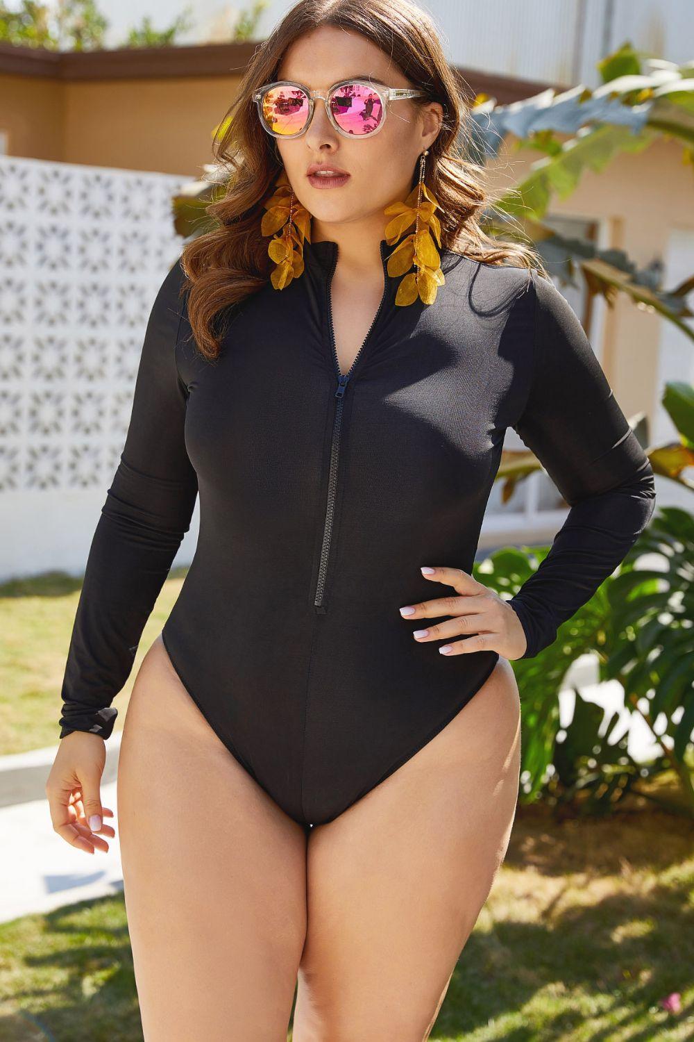 Zip Up Long Sleeve One-Piece Swimsuit - Olive Ave