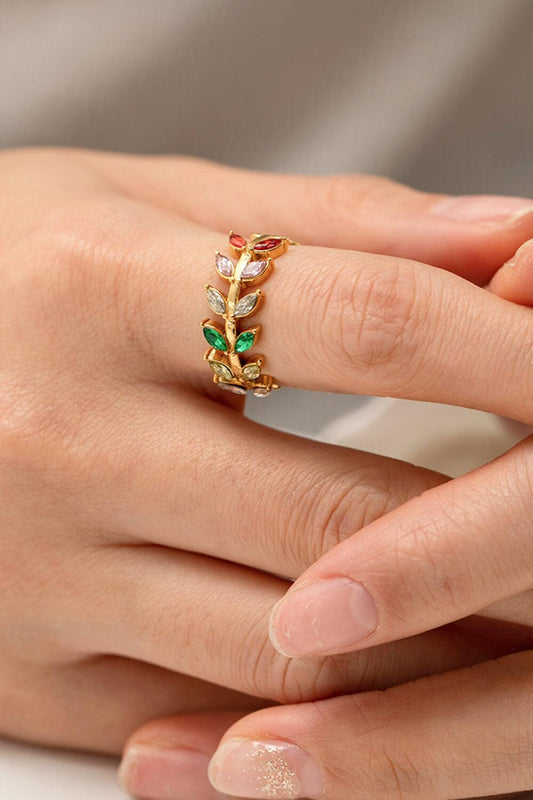 Zircon 18K Gold-Plated Leaf Open Ring - Olive Ave