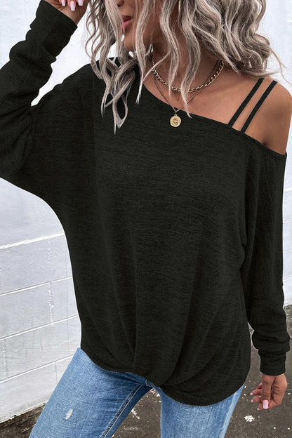 Asymmetrical Neck Long Sleeve Top - Olive Ave