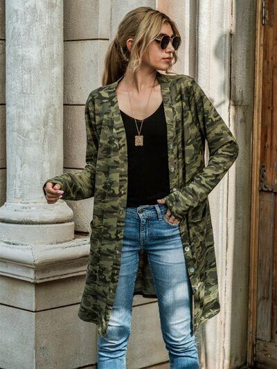 Camouflage Button Up Long Sleeve Cardigan - Olive Ave