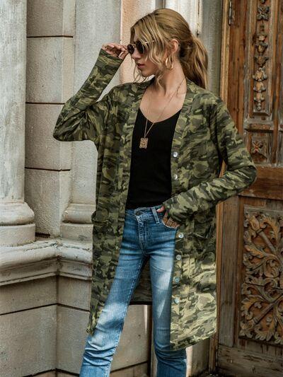 Camouflage Button Up Long Sleeve Cardigan - Olive Ave