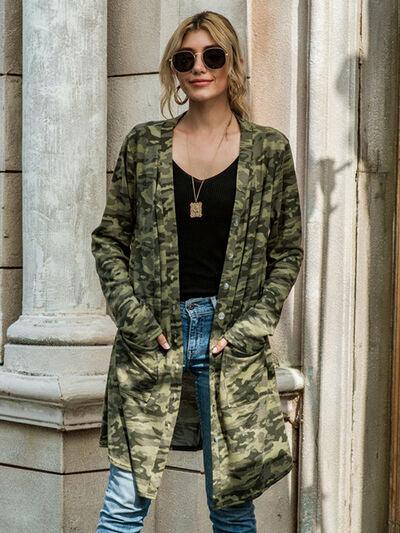 Camouflage Button Up Long Sleeve Cardigan - Olive Ave