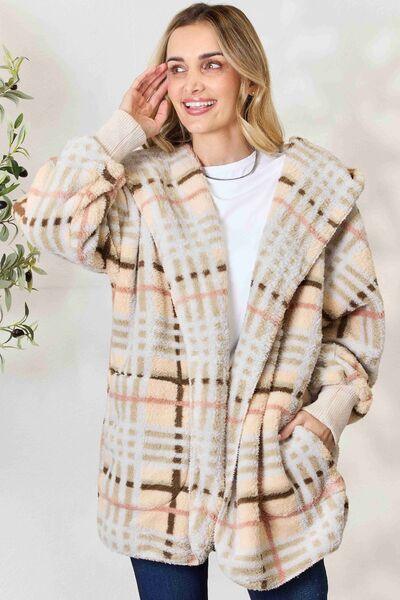 Checked Faux Fur Hooded Jacket - Olive Ave