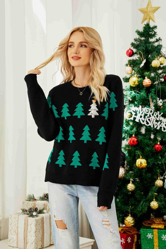 Christmas Tree Ribbed Trim Sweater - Olive Ave