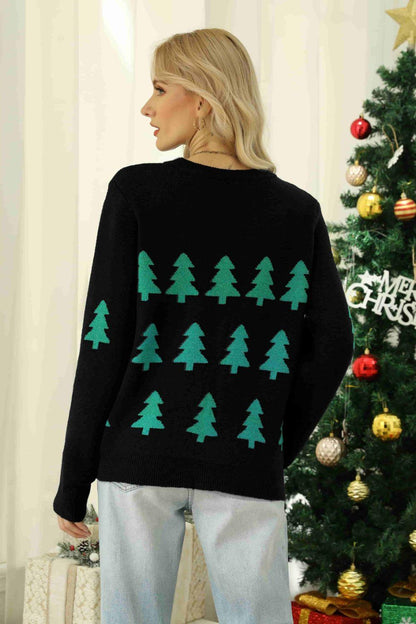 Christmas Tree Ribbed Trim Sweater - Olive Ave