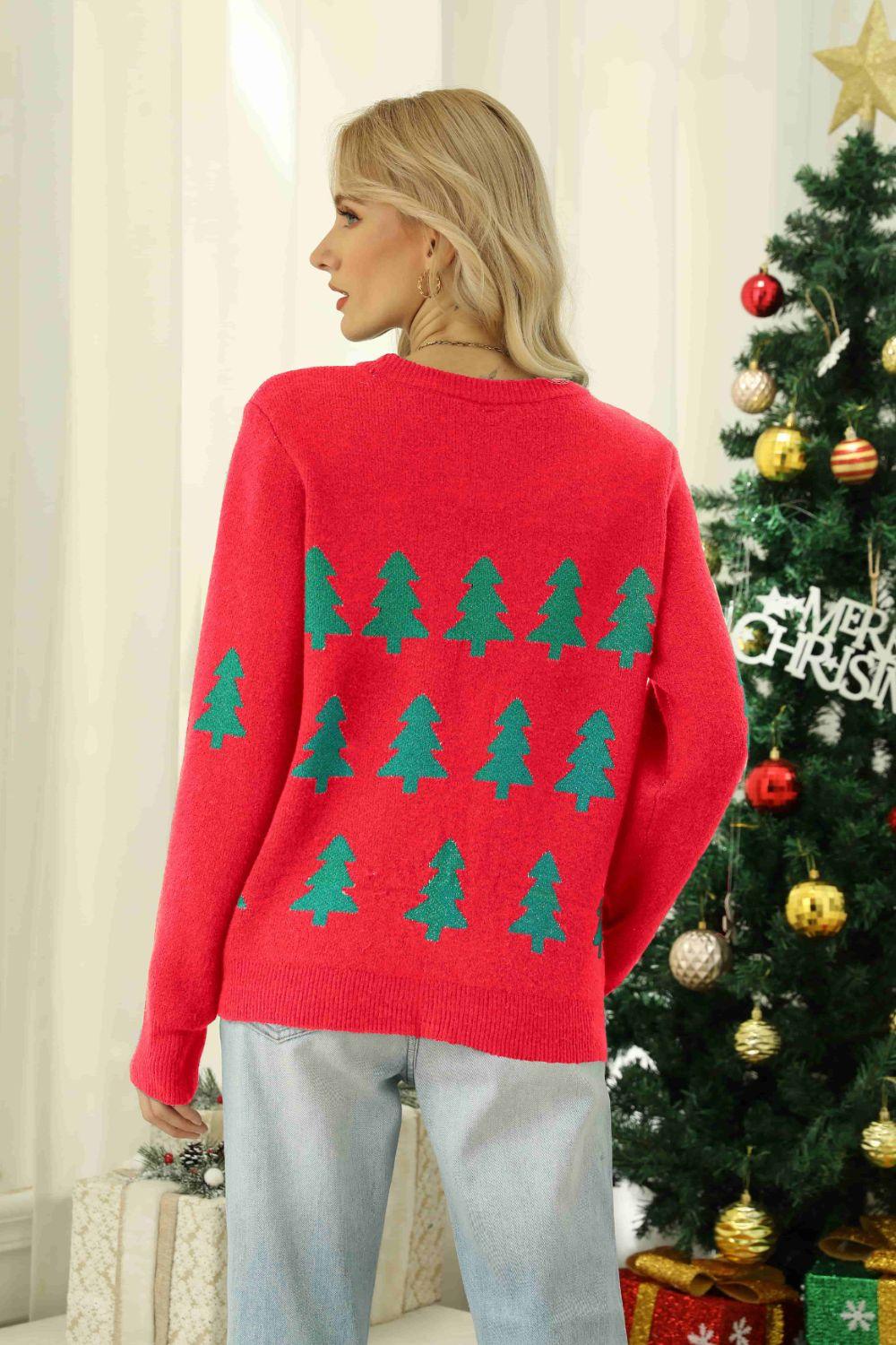 Christmas Tree Ribbed Trim Sweater - Olive Ave