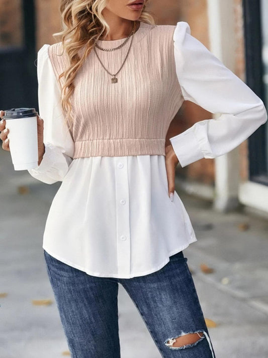 Contrast Puff Sleeve Blouse - Olive Ave