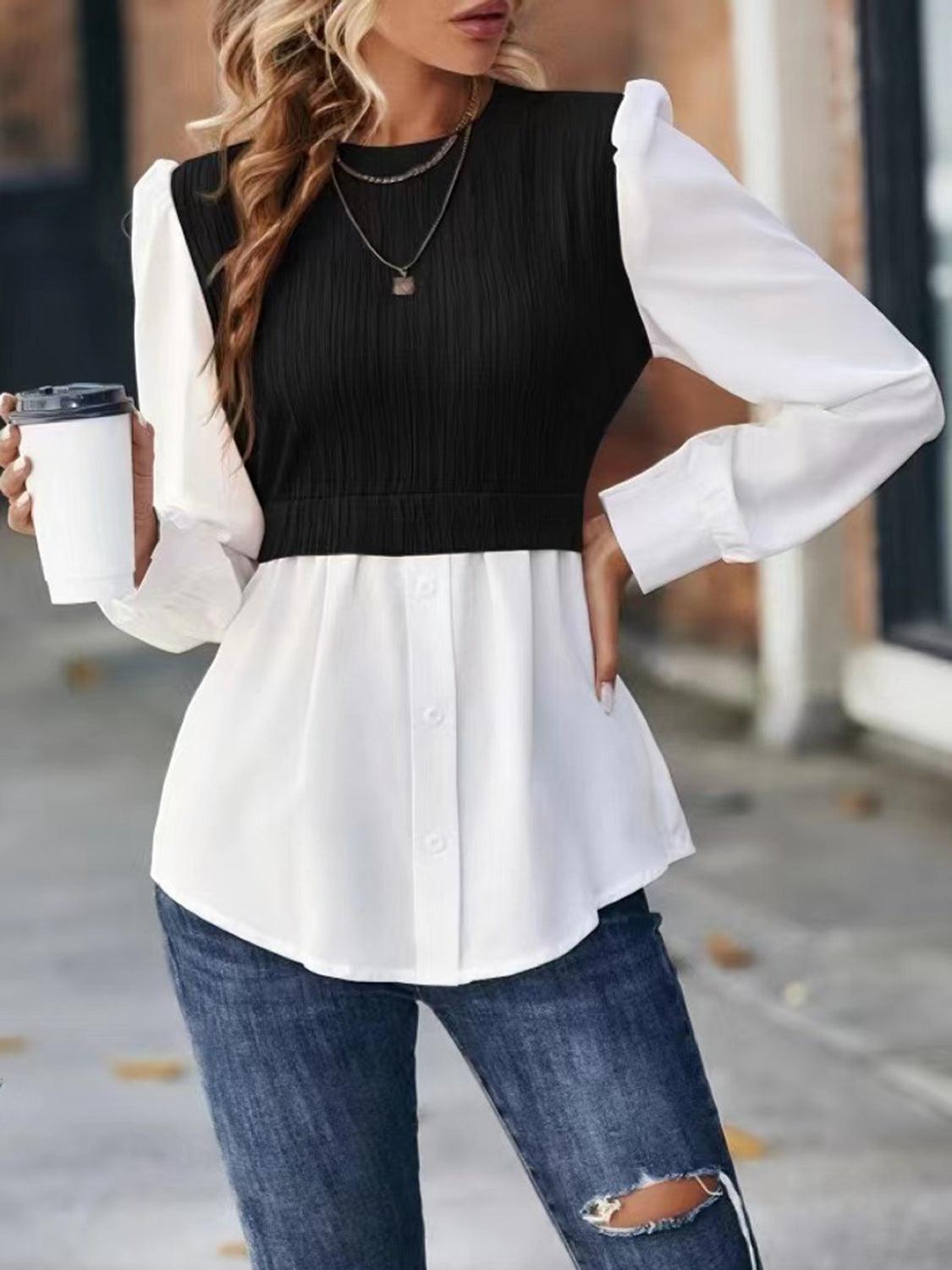 Contrast Puff Sleeve Blouse - Olive Ave