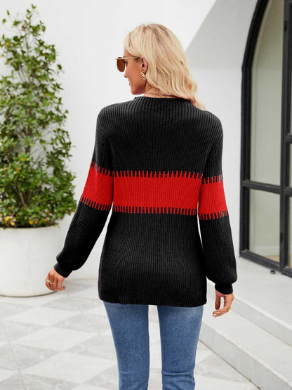 Contrast Round Neck Sweater - Olive Ave