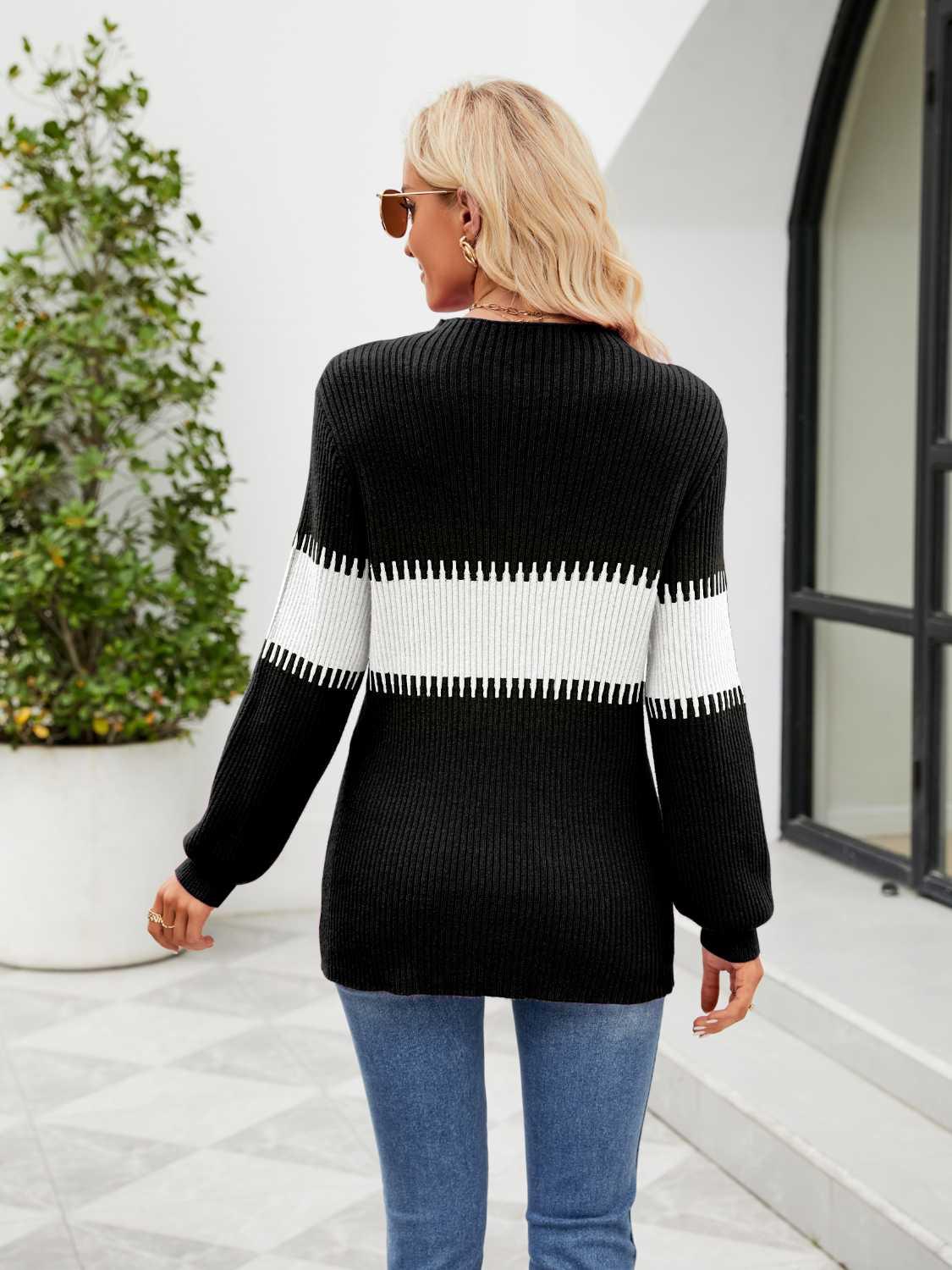 Contrast Round Neck Sweater - Olive Ave