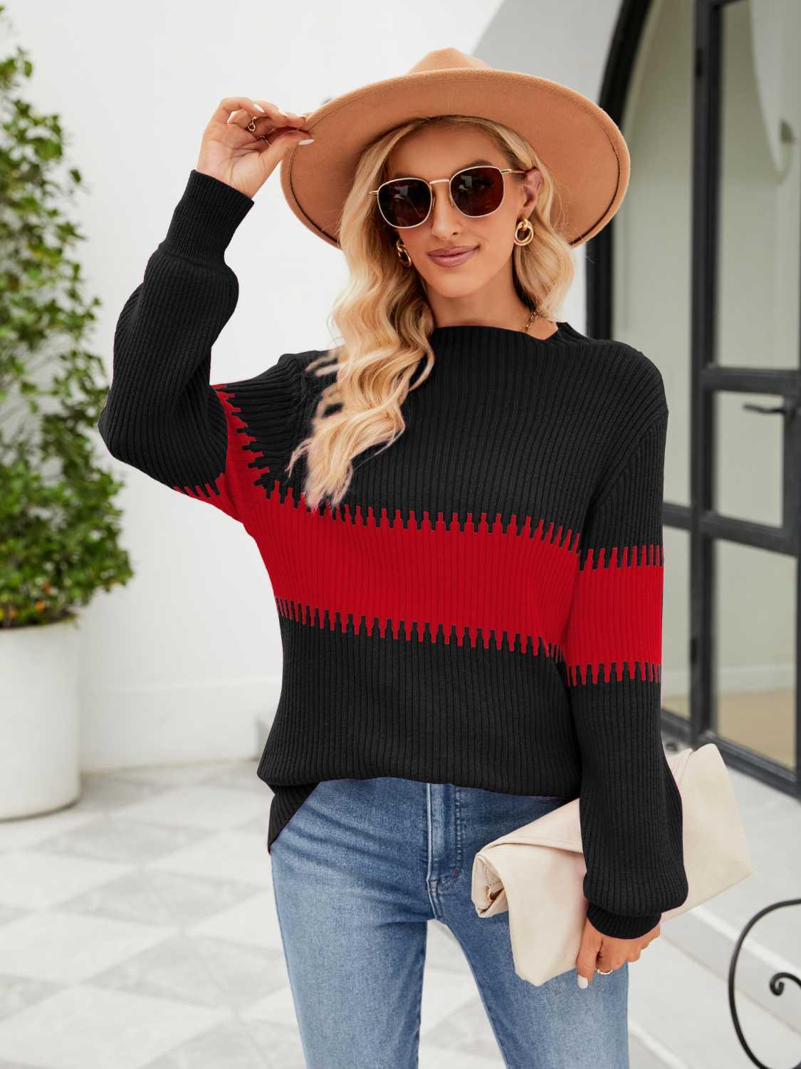 Contrast Round Neck Sweater - Olive Ave