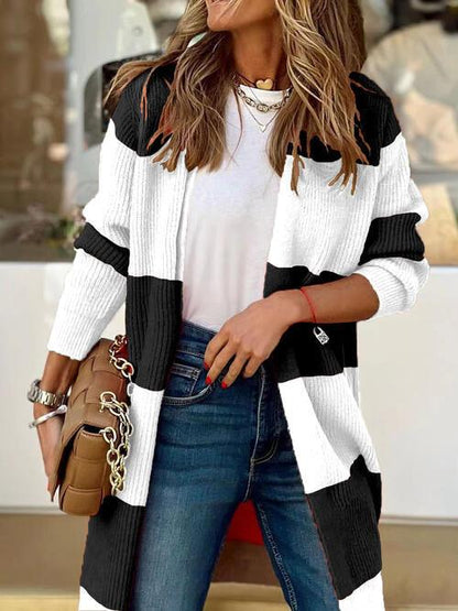 Contrast Stripe Open Front Cardigan - Olive Ave