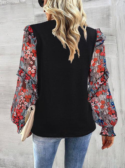 Contrasting Print Lantern Sleeve Top - Olive Ave