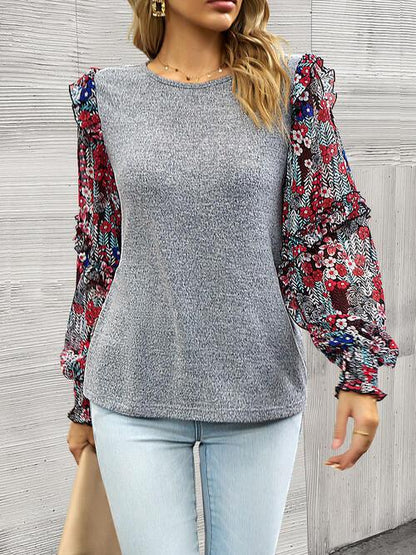 Contrasting Print Lantern Sleeve Top - Olive Ave