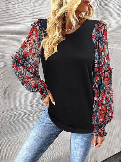 Contrasting Print Lantern Sleeve Top - Olive Ave