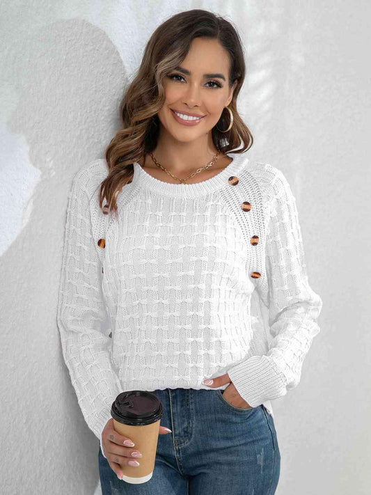 Decorative Button Waffle Sweater - Olive Ave
