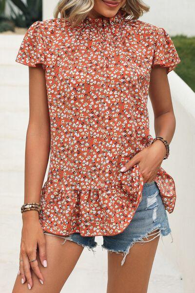 Ditsy Floral Mock Neck Short Sleeve T-Shirt - Olive Ave