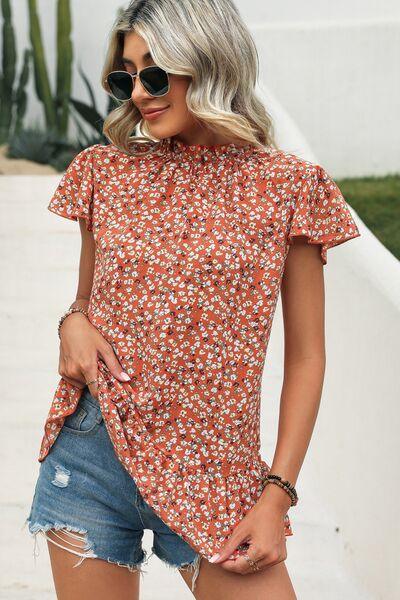 Ditsy Floral Mock Neck Short Sleeve T-Shirt - Olive Ave