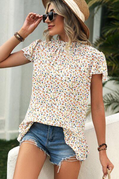 Ditsy Floral Mock Neck Short Sleeve T-Shirt - Olive Ave