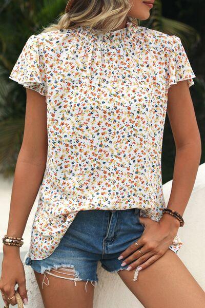 Ditsy Floral Mock Neck Short Sleeve T-Shirt - Olive Ave