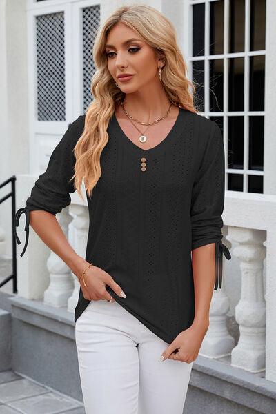 Eyelet Drawstring V-Neck Top in 9 Colors - Olive Ave