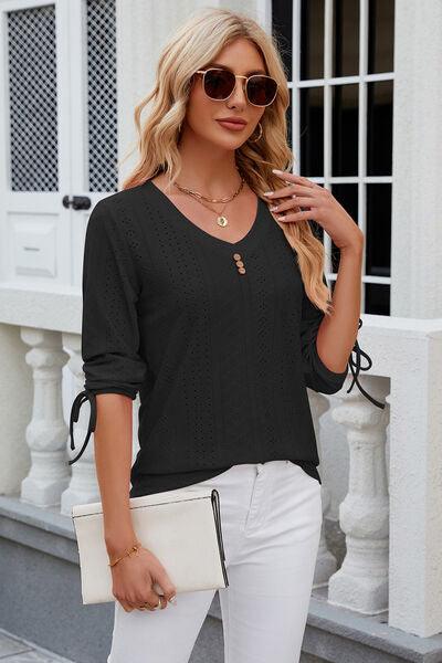 Eyelet Drawstring V-Neck Top in 9 Colors - Olive Ave